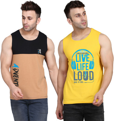 SLOWLORIS Printed Men Scoop Neck Yellow, Black, Beige T-Shirt