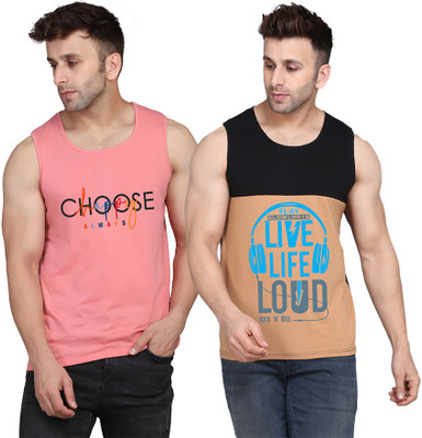 SLOWLORIS Printed Men Round Neck Black, Beige, Pink T-Shirt