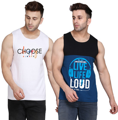 SLOWLORIS Printed Men Round Neck Black, Dark Blue, White T-Shirt