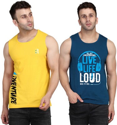 Cryptic Printed Men Scoop Neck Dark Blue, Yellow T-Shirt