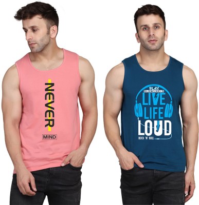 TEEFOX Printed Men Scoop Neck Dark Blue, Pink T-Shirt