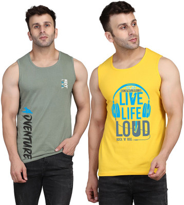 SLOWLORIS Printed Men Scoop Neck Yellow, Light Green T-Shirt