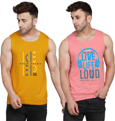 SLOWLORIS Printed Men Round Neck Pink, Yellow, White T-Shirt