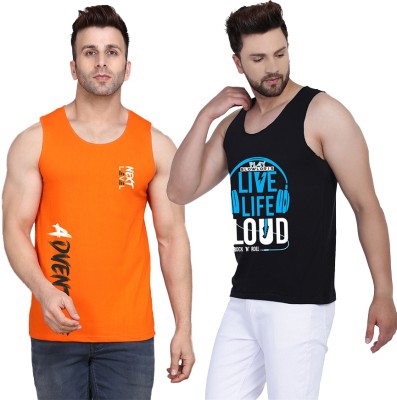 SLOWLORIS Printed Men Scoop Neck Black, Orange T-Shirt