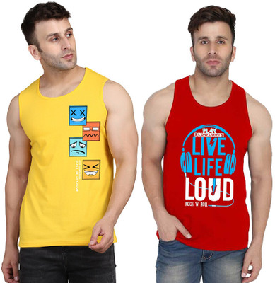 SLOWLORIS Printed Men Scoop Neck Red, Yellow T-Shirt