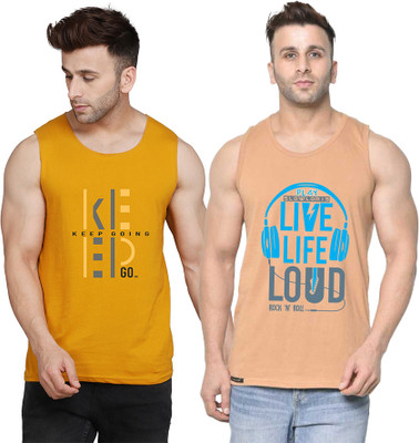 SLOWLORIS Printed Men Round Neck Beige, Yellow, White T-Shirt