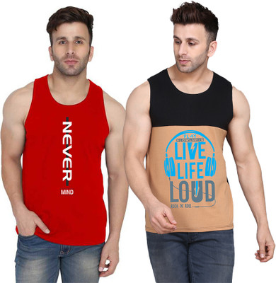 SLOWLORIS Printed Men Scoop Neck Black, Beige, Red T-Shirt