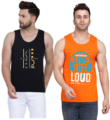 SLOWLORIS Printed Men Round Neck Orange, Black T-Shirt