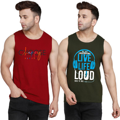 SLOWLORIS Printed Men Round Neck Dark Green, Maroon T-Shirt