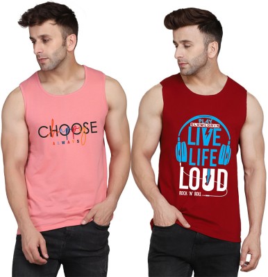 TEEFOX Printed Men Scoop Neck Maroon, Pink T-Shirt