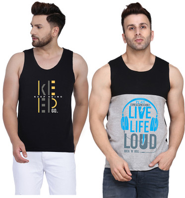 SLOWLORIS Printed Men Round Neck Black, Grey T-Shirt