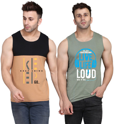 SLOWLORIS Printed Men Round Neck Light Green, Black, Beige T-Shirt