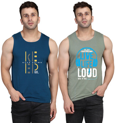 SLOWLORIS Printed Men Round Neck Light Green, Dark Blue T-Shirt