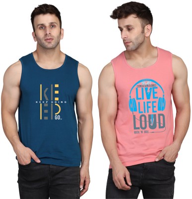 SLOWLORIS Printed Men Scoop Neck Pink, Dark Blue T-Shirt