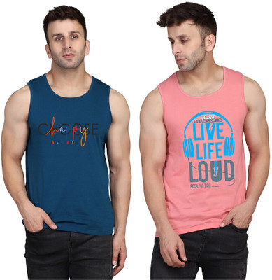 SLOWLORIS Printed Men Scoop Neck Pink, Dark Blue T-Shirt