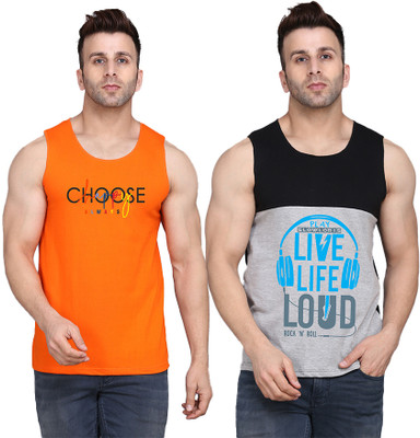 SLOWLORIS Printed, Colorblock Men Round Neck Black, Grey, Orange T-Shirt