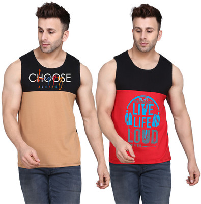 SLOWLORIS Printed Men Scoop Neck Black, Red, Beige T-Shirt