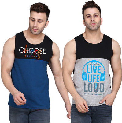 SLOWLORIS Printed, Colorblock Men Round Neck Black, Grey, Dark Blue T-Shirt