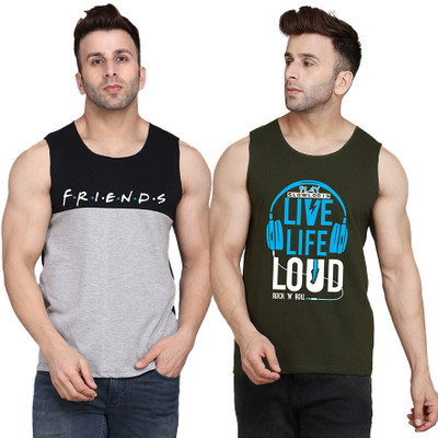 SLOWLORIS Printed Men Scoop Neck Dark Green, Black, Grey T-Shirt