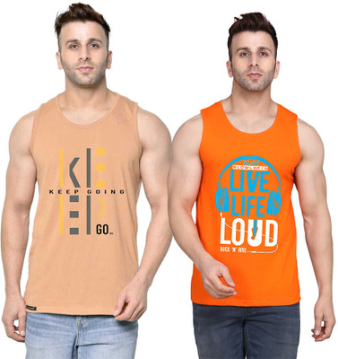 SLOWLORIS Printed Men Scoop Neck Orange, Beige T-Shirt