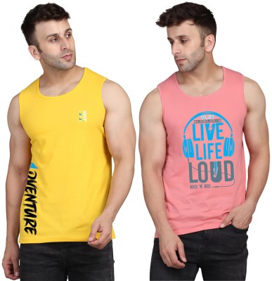 SLOWLORIS Printed Men Scoop Neck Pink, Yellow T-Shirt