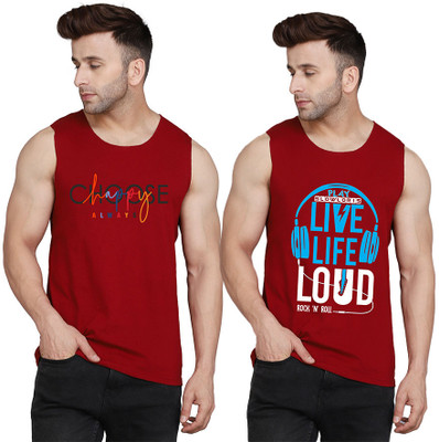 SLOWLORIS Printed Men Round Neck Maroon T-Shirt