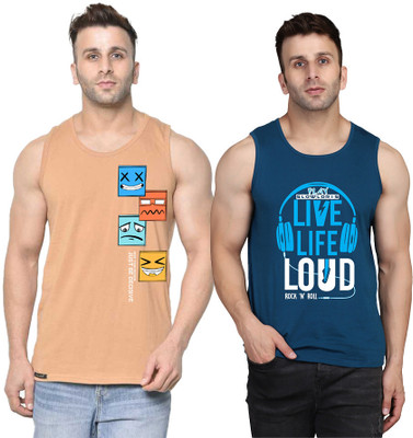 SLOWLORIS Printed Men Scoop Neck Dark Blue, Beige T-Shirt