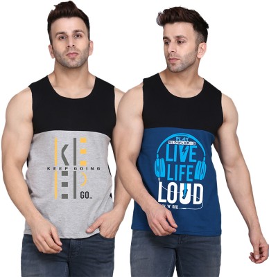 TEEFOX Printed Men Scoop Neck Black, Dark Blue, Grey T-Shirt