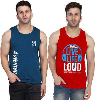 SLOWLORIS Printed Men Scoop Neck Red, Dark Blue T-Shirt