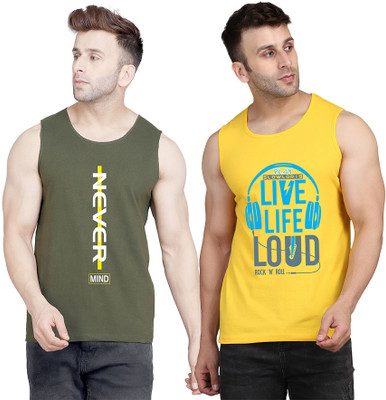 TEEFOX Printed Men Round Neck Yellow, Dark Green T-Shirt
