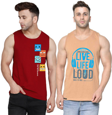 SLOWLORIS Printed Men Round Neck Beige, Maroon T-Shirt