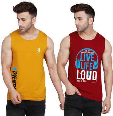 SLOWLORIS Printed Men Scoop Neck Maroon, Yellow, White T-Shirt