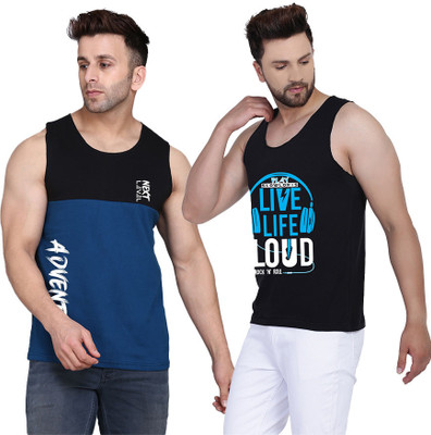 SLOWLORIS Printed Men Round Neck Black, Dark Blue T-Shirt