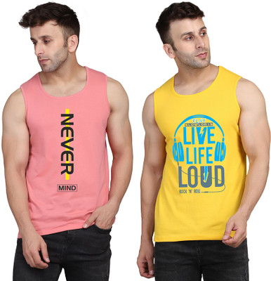 SLOWLORIS Printed Men Round Neck Yellow, Pink T-Shirt