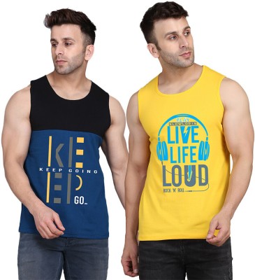 SLOWLORIS Printed Men Scoop Neck Yellow, Black, Dark Blue T-Shirt