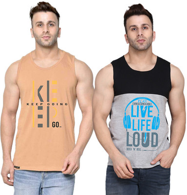 SLOWLORIS Printed Men Scoop Neck Black, Grey, Beige T-Shirt