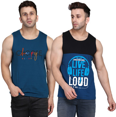 TEEFOX Printed Men Round Neck Black, Dark Blue T-Shirt