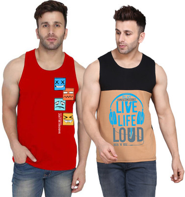 SLOWLORIS Printed Men Scoop Neck Black, Beige, Red T-Shirt