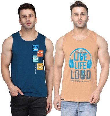 TEEFOX Printed Men Scoop Neck Beige, Dark Blue T-Shirt