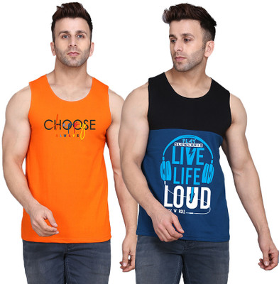 TEEFOX Printed Men Round Neck Black, Dark Blue, Orange T-Shirt