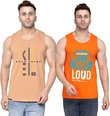 SLOWLORIS Printed Men Round Neck Orange, Beige T-Shirt