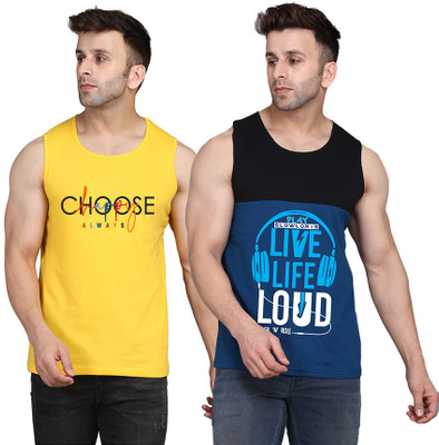 SLOWLORIS Printed Men Round Neck Black, Dark Blue, Yellow T-Shirt