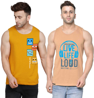 SLOWLORIS Printed Men Round Neck Beige, Yellow, White T-Shirt