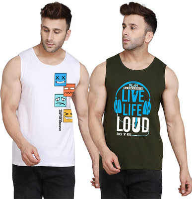 SLOWLORIS Printed Men Round Neck Dark Green, White T-Shirt