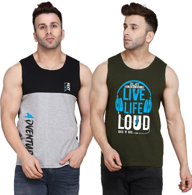 SLOWLORIS Printed Men Scoop Neck Dark Green, Black, Grey T-Shirt