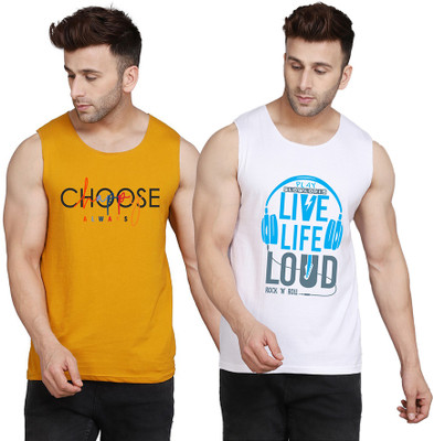 SLOWLORIS Printed Men Round Neck White, Yellow T-Shirt