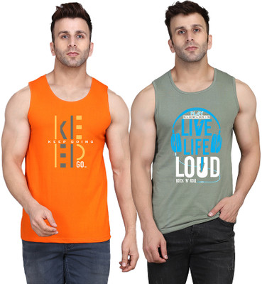 SLOWLORIS Typography Men Round Neck Light Green, Orange T-Shirt