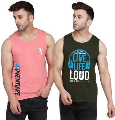 MINISTRY OF FRIENDS Printed Men Scoop Neck Dark Green, Pink T-Shirt