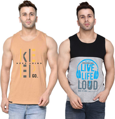 SLOWLORIS Printed Men Round Neck Black, Grey, Beige T-Shirt