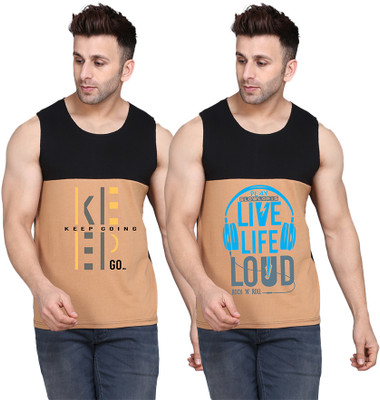 SLOWLORIS Printed Men Scoop Neck Black, Beige T-Shirt